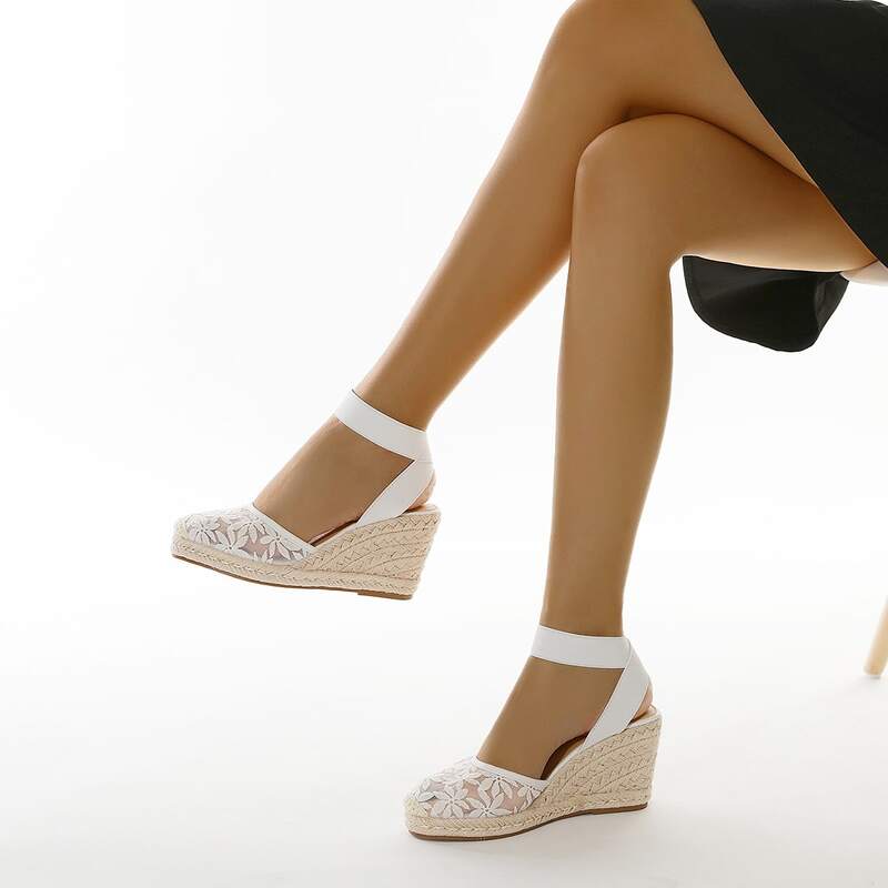 

Cap Toe Floral Embroidery Ankle Strap Espadrille Wedges, White