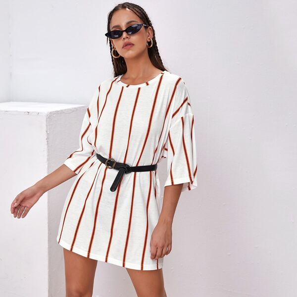 

Drop Shoulder Striped Longline Tee Without Belt, White