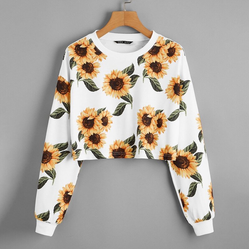 

Drop Shoulder Sunflower Print Crop Pullover, Multicolor