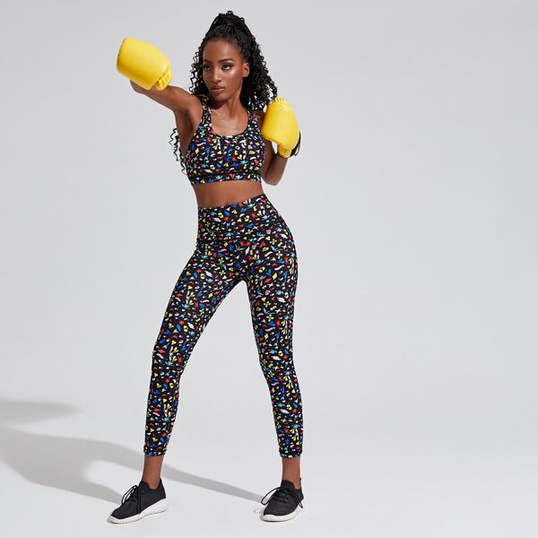 

All Over Print Cut Out Back Sports Bra With Leggings, Multicolor