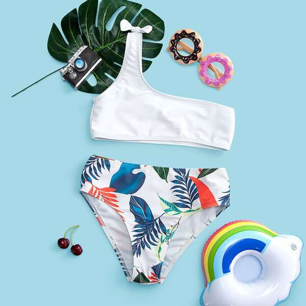 

Girls Tropical One Shoulder Bikini Swimsuit, Multicolor