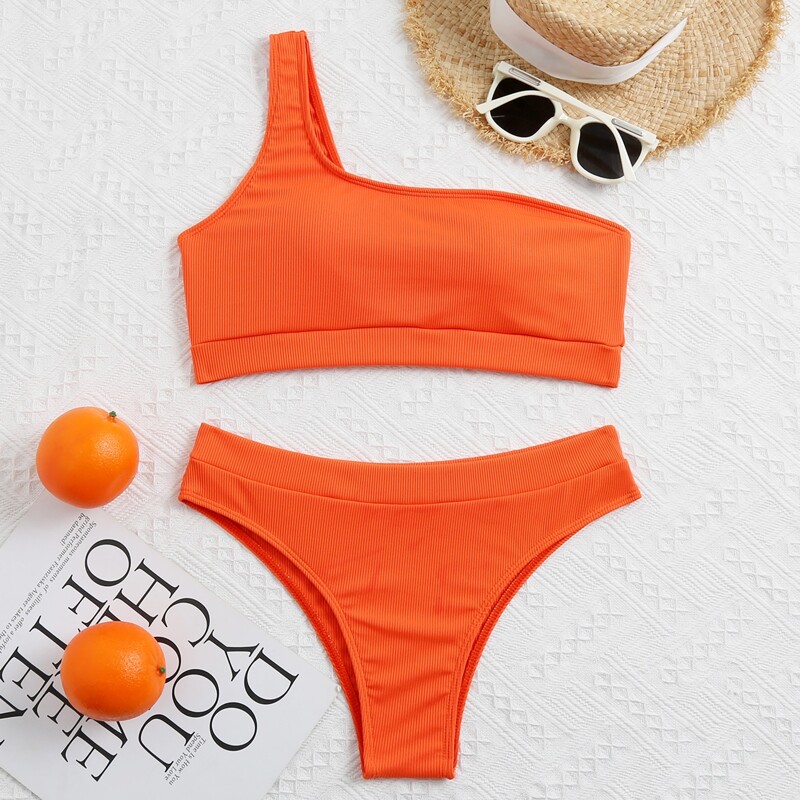 

Rib One Shoulder Bikini Swimsuit, Orange bright
