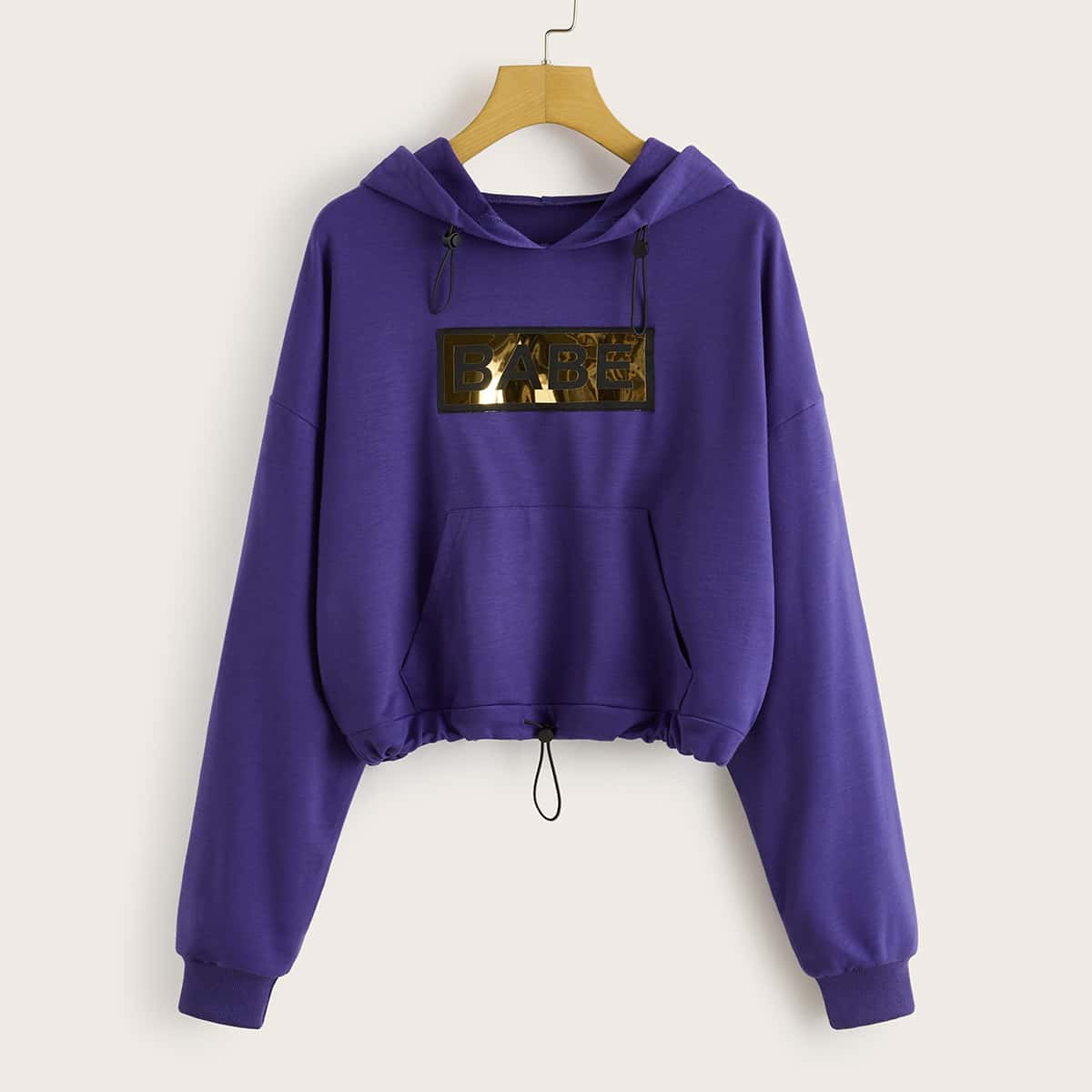 

Letter Patched Drawstring Hoodie, Violet purple