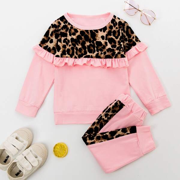 

Toddler Girls Leopard Print Frill Trim Sweatshirt With Pants, Baby pink