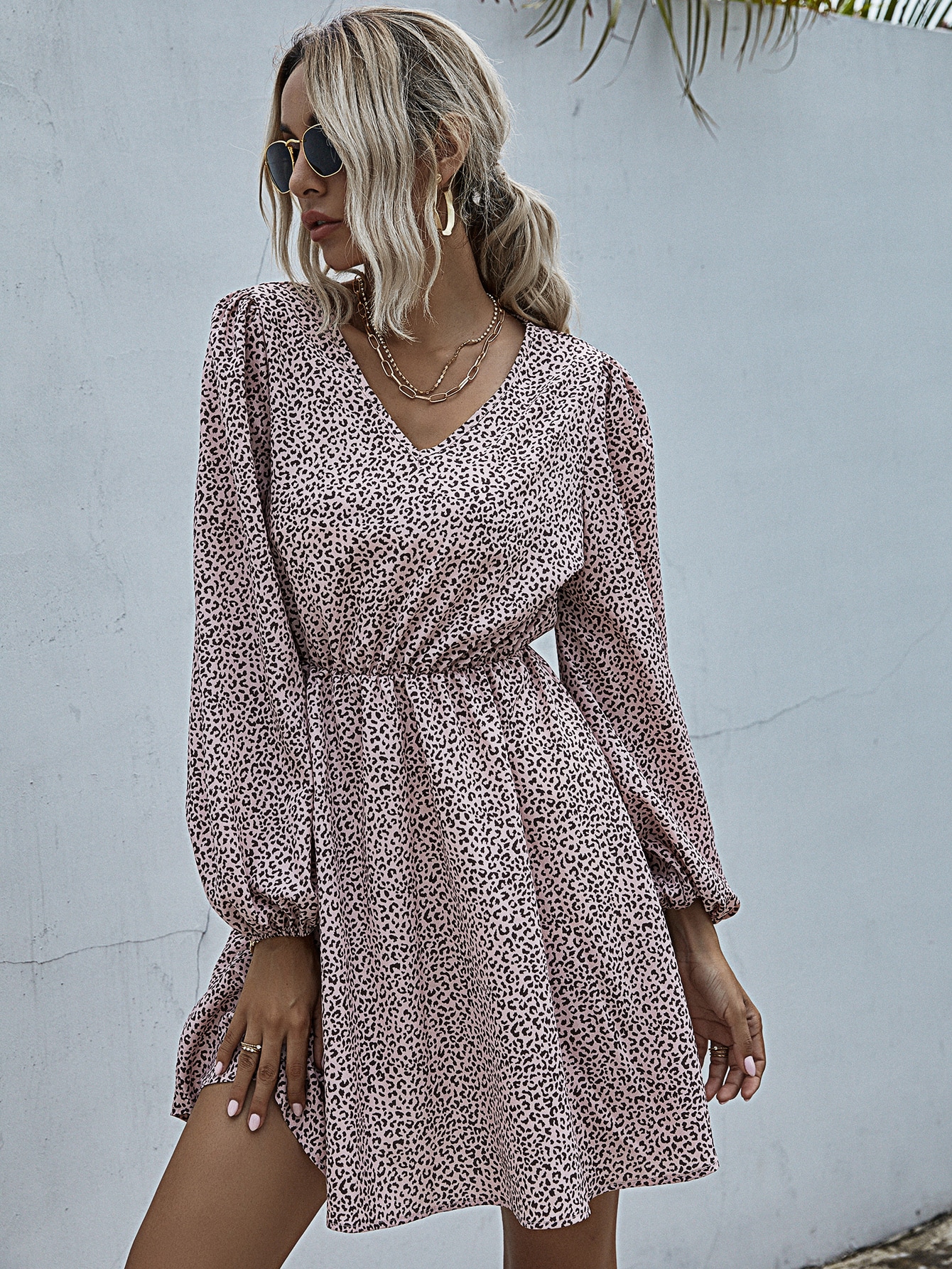 Leopard Print V Neck A-Line Dress thumbnail