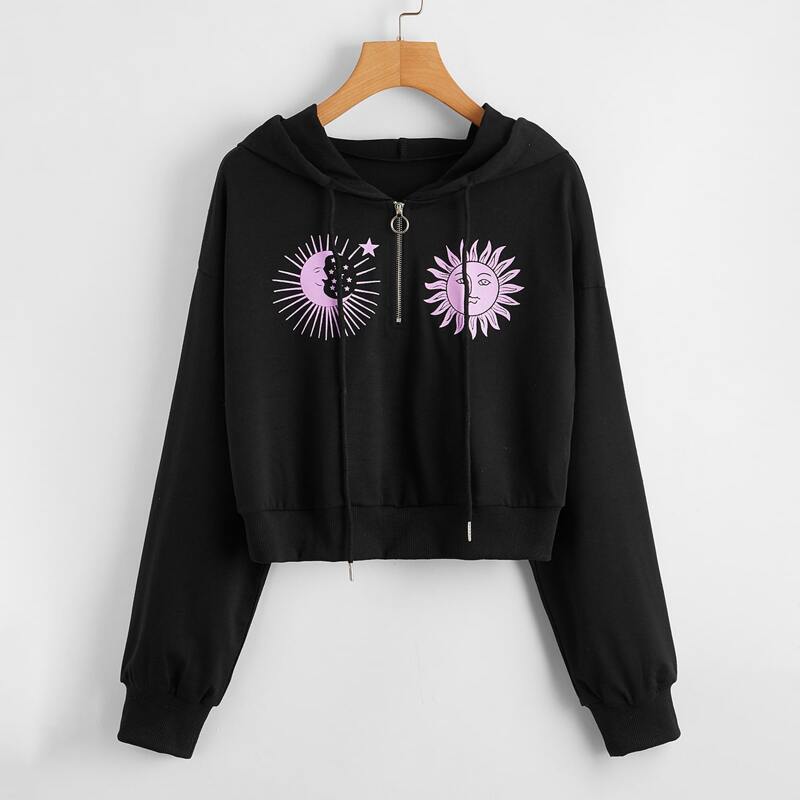 

Sun & Moon Graphic Half Zipper Hooded Sweatshirt, Black