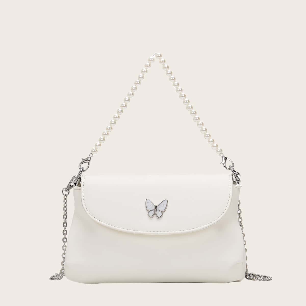 

Butterfly Decor Faux Pearl Decor Shoulder Bag, White