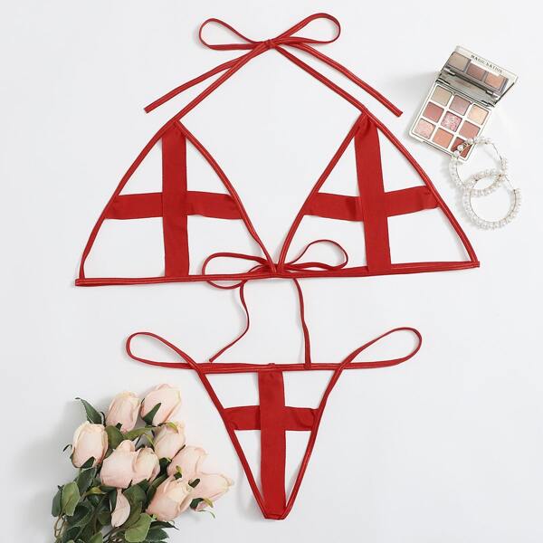 

Plus Cross Cut-out Halter Lingerie Set, Red