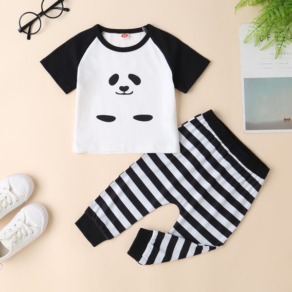 

Baby Boy Cartoon Print Tee With Striped Pants, Black and white