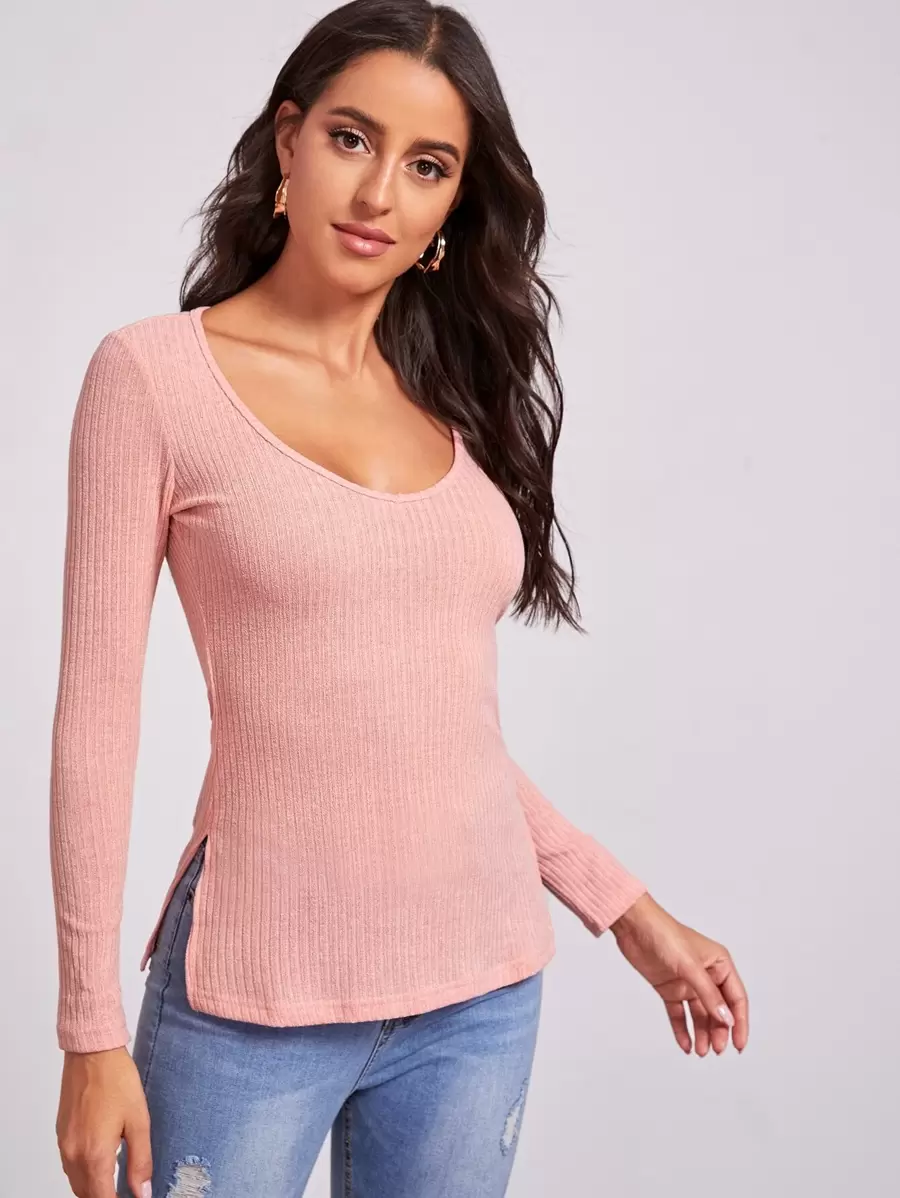 SHEIN Camiseta tejida de canalé con abertura lateral - Rosa vieja - Ver 1