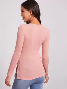 SHEIN Camiseta tejida de canalé con abertura lateral - Rosa vieja - Ver 2