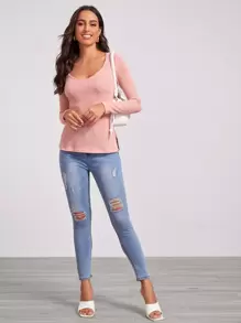 SHEIN Camiseta tejida de canalé con abertura lateral - Rosa vieja - Ver 4