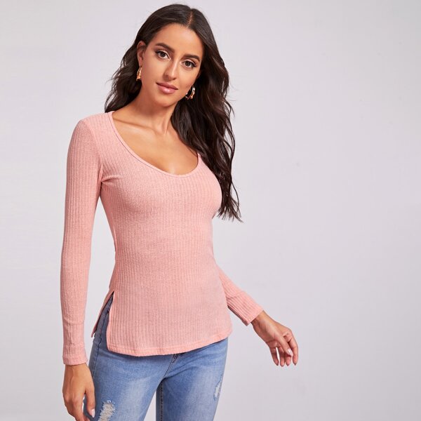 

Slit Side Rib-knit Fitted Tee, Dusty pink