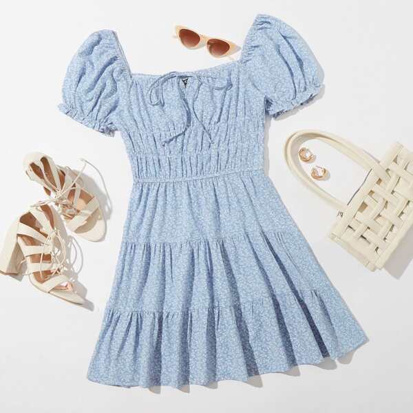 

Puff Sleeve Tie Neck Ditsy Floral Flounce Dress, Dusty blue