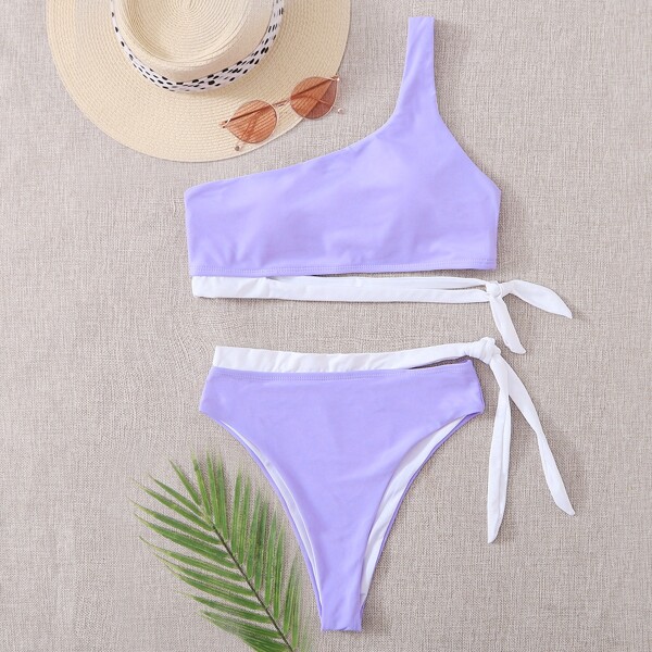 

Cut-out Knot Side One Shoulder Bikini Swimsuit, Lilac purple