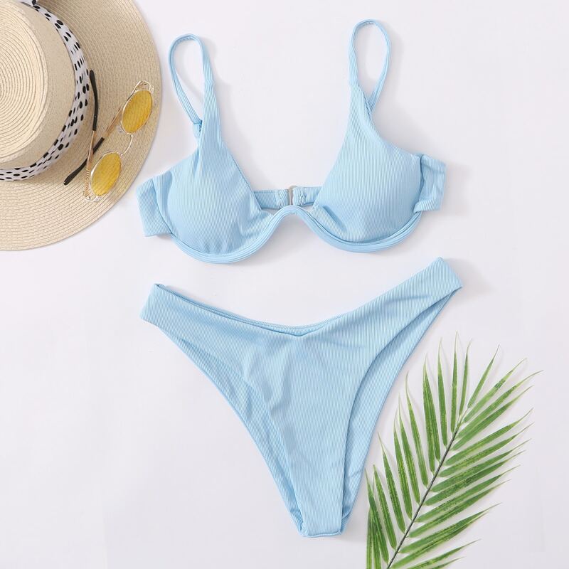 

Rib Underwire High Cut Bikini Swimsuit, Pastel baby blue