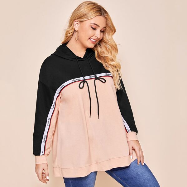 

Plus Letter Graphic Colorblock Hooded Sweatshirt, Multicolor