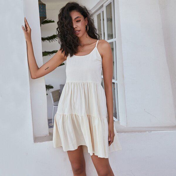 

Tie Back Backless Ruffle Hem Cami Dress, Beige
