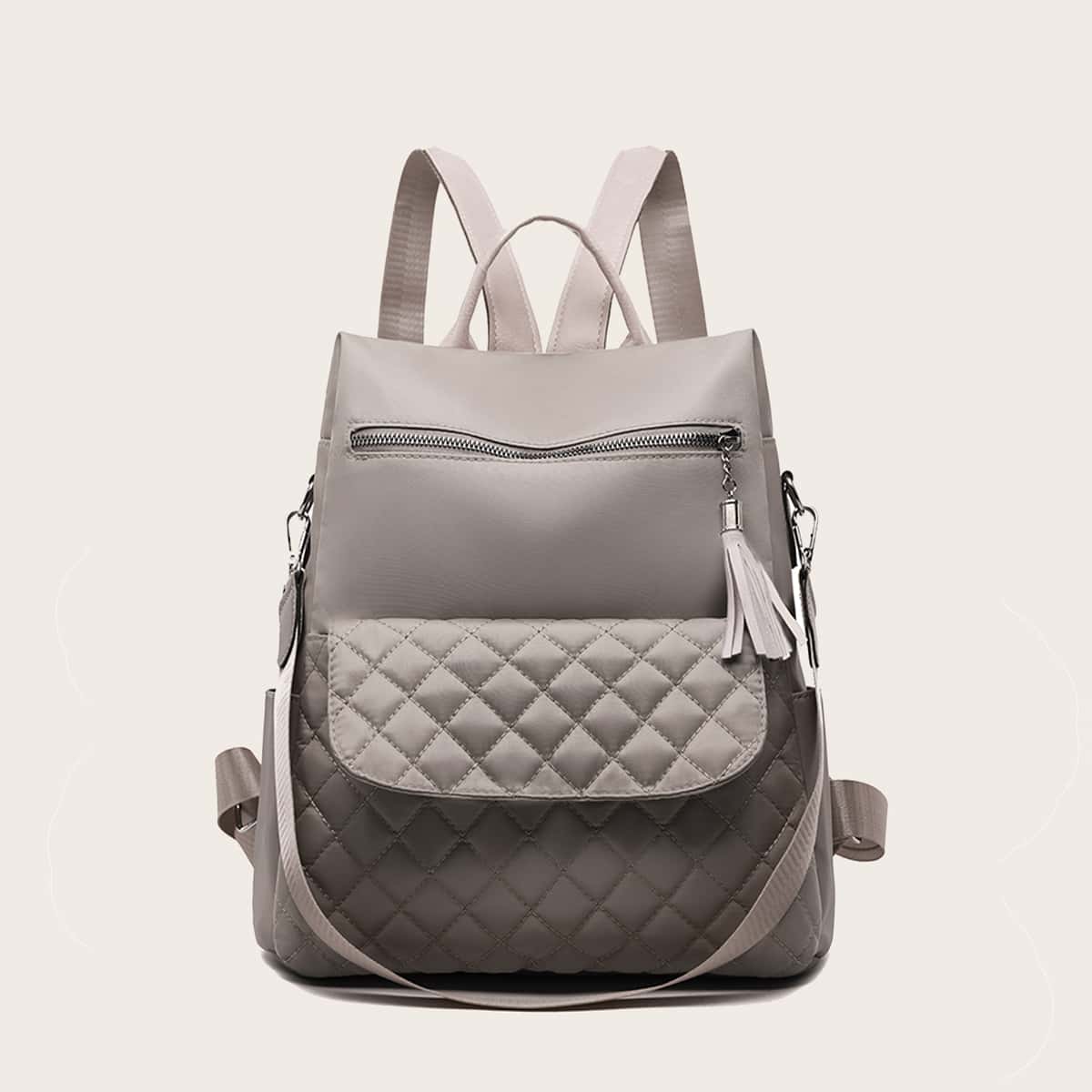 

Tassel Decor Quilted Backpack, Khaki