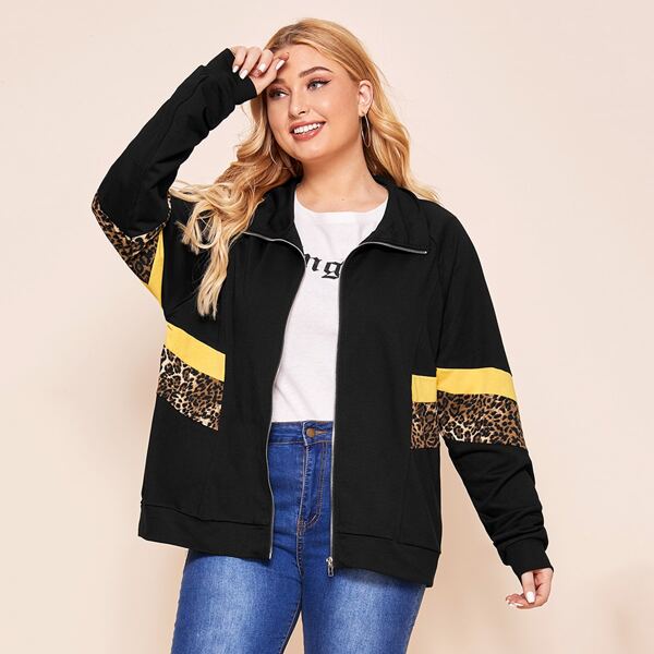 

Plus Leopard Print Zip Up Jacket, Black