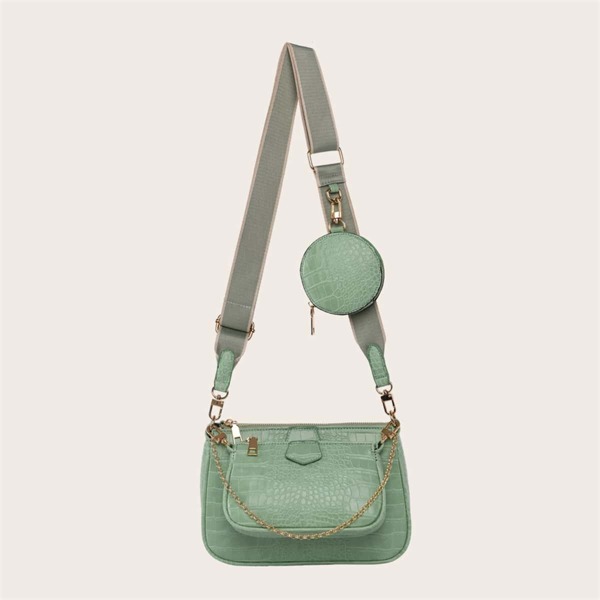 

3pcs Croc Embossed Crossbody Bag With Pouch Bag, Green