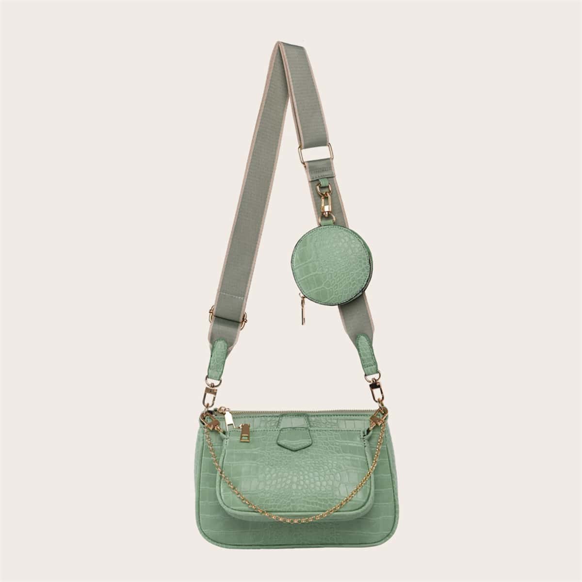 

3pcs Croc Embossed Crossbody Bag With Pouch Bag, Green