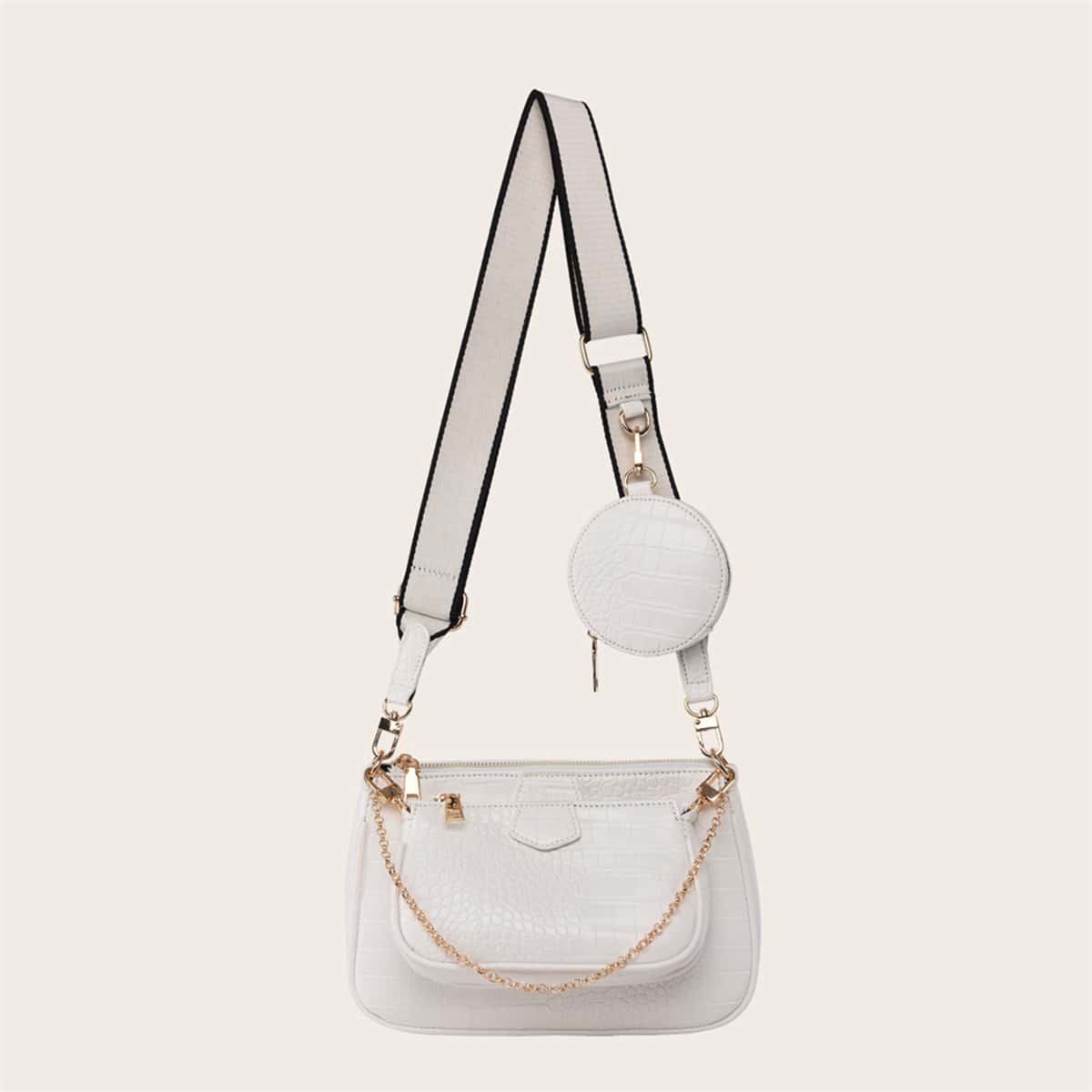 

3pcs Croc Embossed Crossbody Bag With Pouch Bag, White