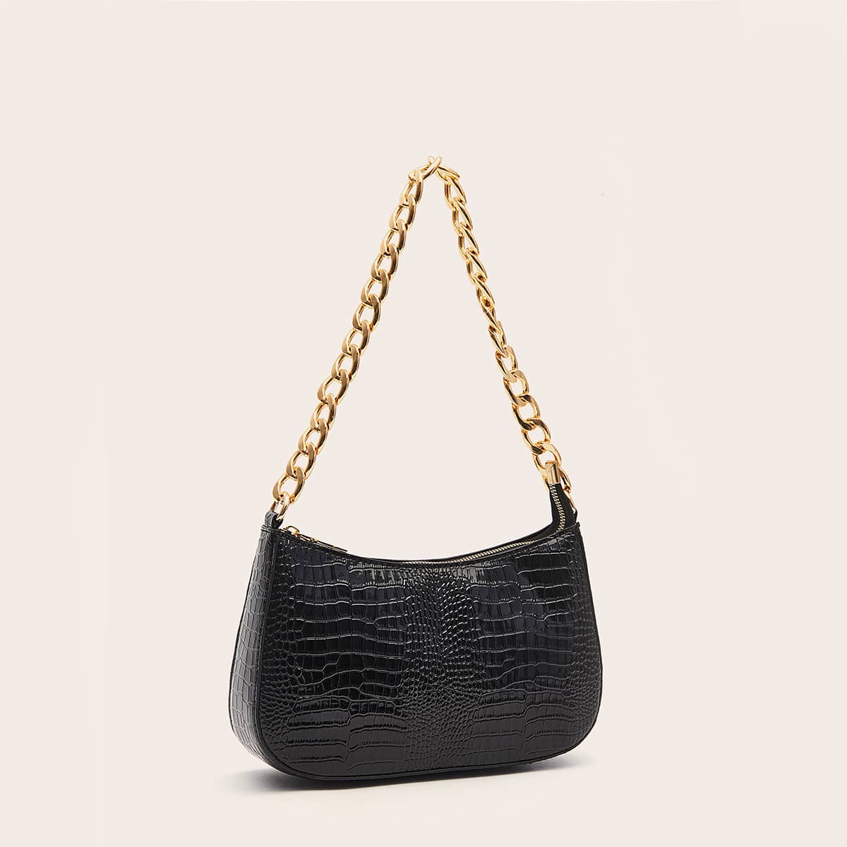 

Croc Embossed Baguette Bag, Black