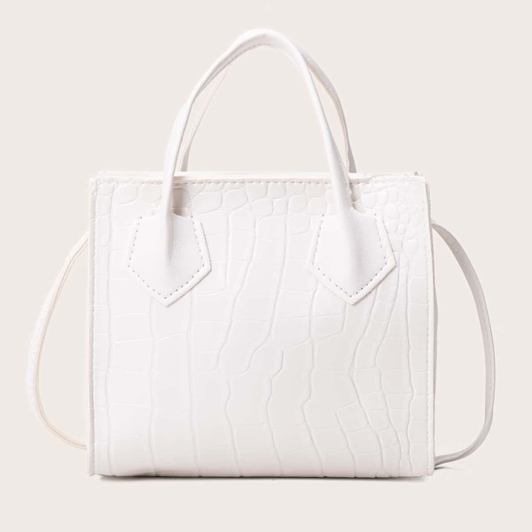 

Minimalist Croc Embossed Satchel Bag, White
