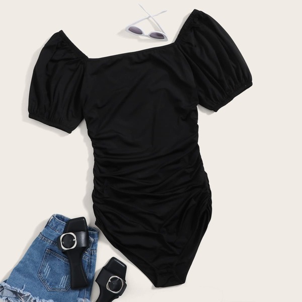 

Square Neck Puff Sleeve Ruched Bodysuit, Black