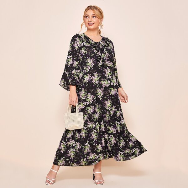 

Plus Allover Floral Print Ruffle Trim Dress, Multicolor
