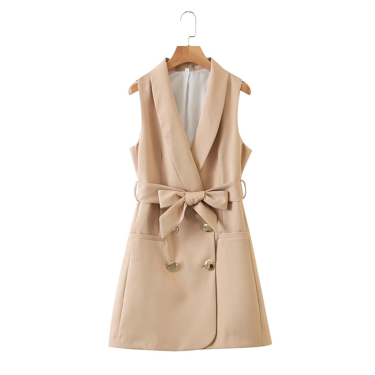 

Double Breasted Self Tie Blazer Vest, Khaki