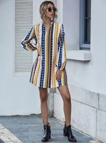Notched Geo And Striped Tunic Dress
