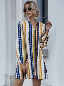 Notched Geo And Striped Tunic Dress