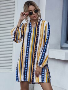 Notched Geo And Striped Tunic Dress