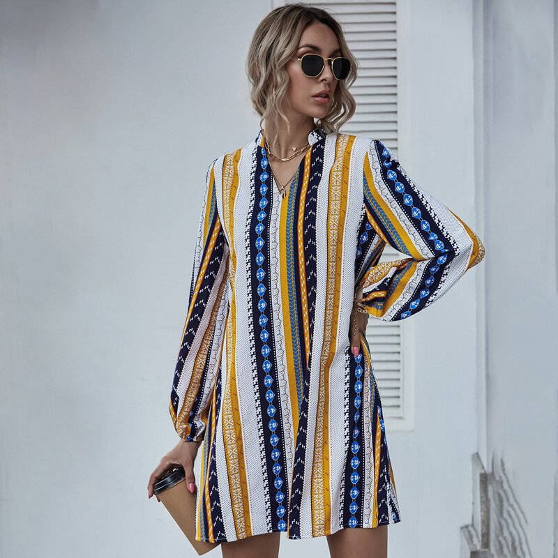 

Notched Geo And Striped Tunic Dress, Multicolor