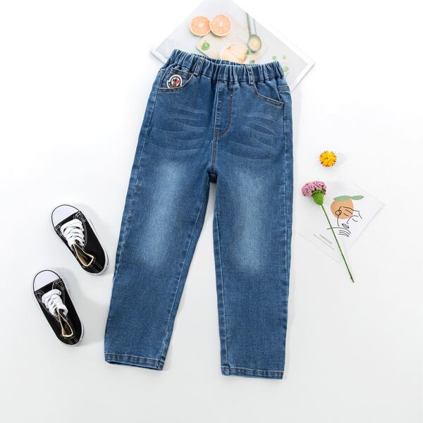 

Toddler Boys Letter Patched Jeans, Medium wash
