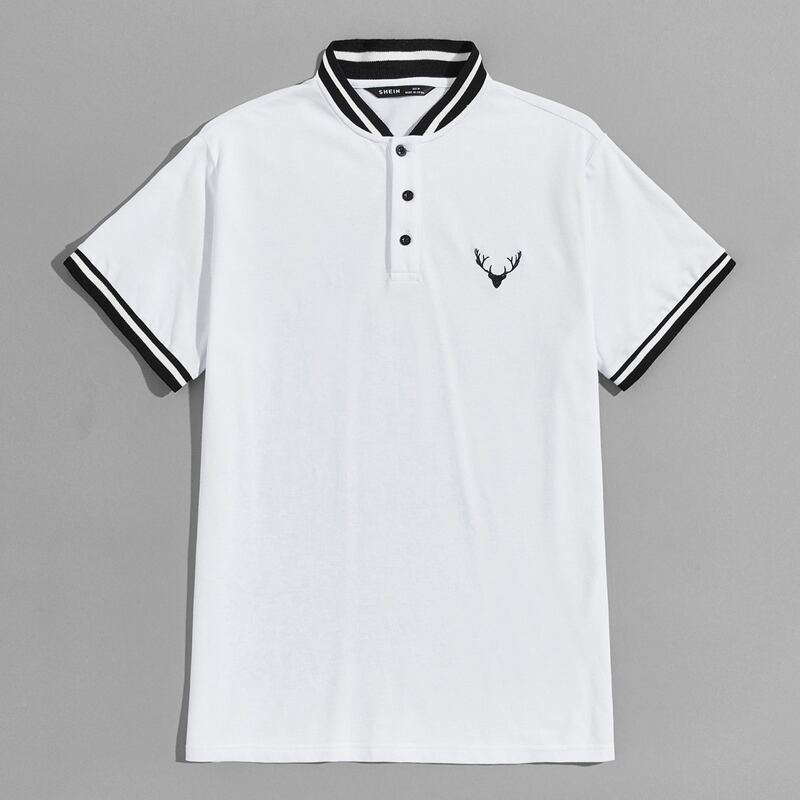 

Guys Deer Embroidered Striped Trim Polo Shirt, White
