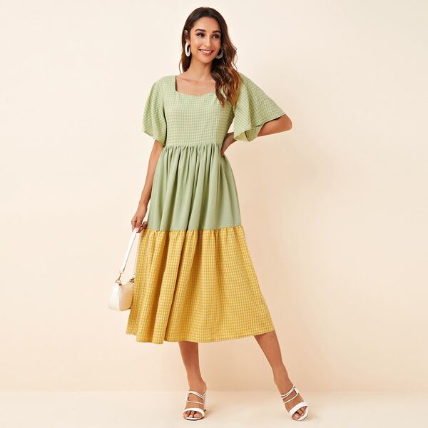 

Flutter Sleeve Contrast Ruffle Hem Gingham Dress, Multicolor