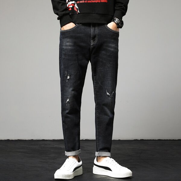 

Men Ripped Slant Pocket Jeans, Black