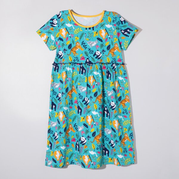 

Girls Cartoon And Plants Print Night Dress, Green