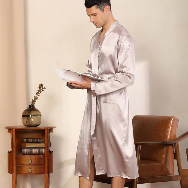 

Men Double Pocket Belted Satin Robe, White