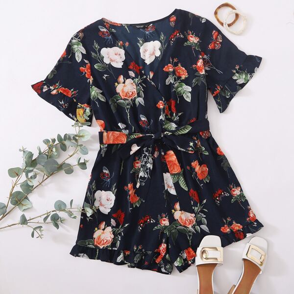 

Plus Surplice Neck Ruffle Cuff and Hem Self Belted Floral Romper, Navy blue