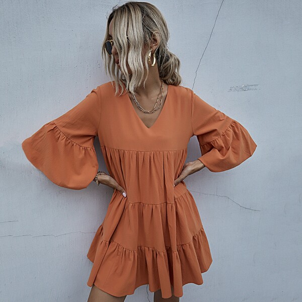 

Solid Flounce Sleeve Smock Dress, Burnt orange