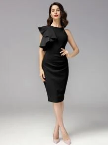 MIUSOL vestido bajo con abertura ribete fruncido exagerado - Negro - Ver 1