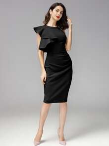 MIUSOL vestido bajo con abertura ribete fruncido exagerado - Negro - Ver 4