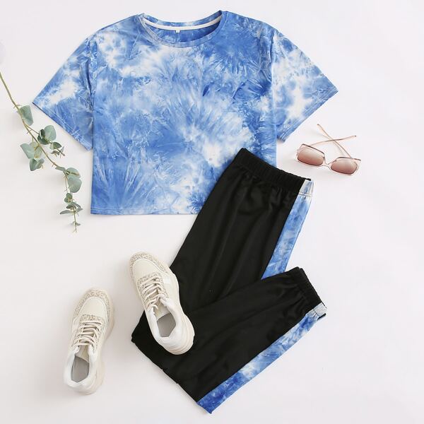 

Plus Tie Dye Tee With Contrast Sideseam Joggers, Multicolor