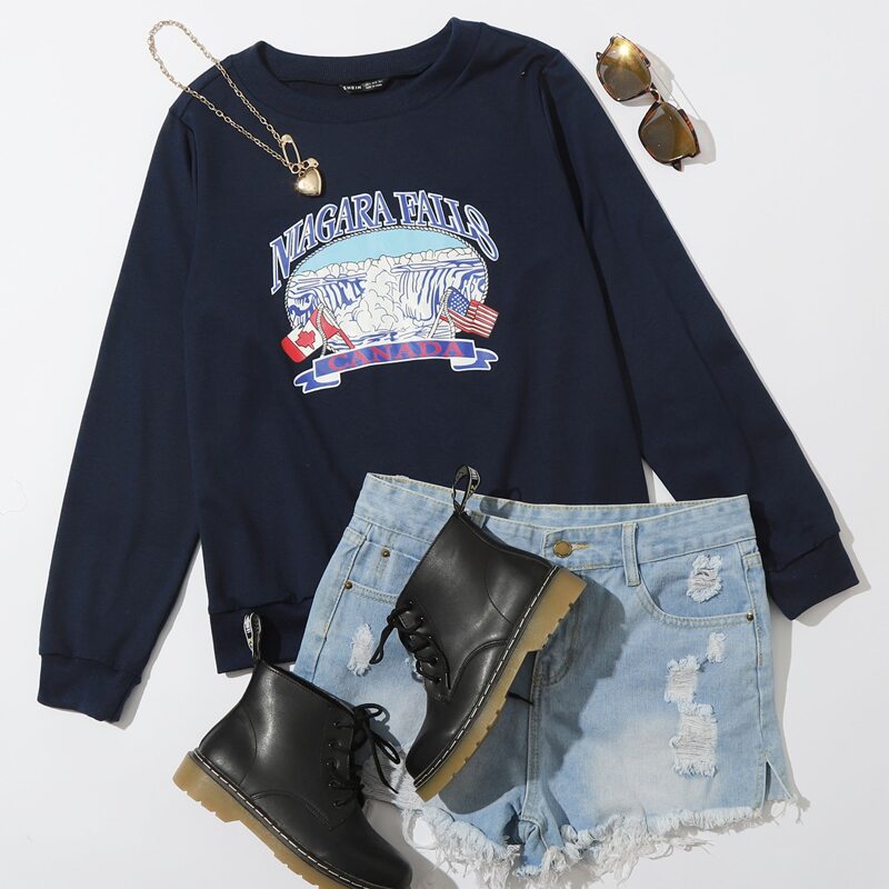 

Letter And Graphic Print Sweatshirt, Navy blue
