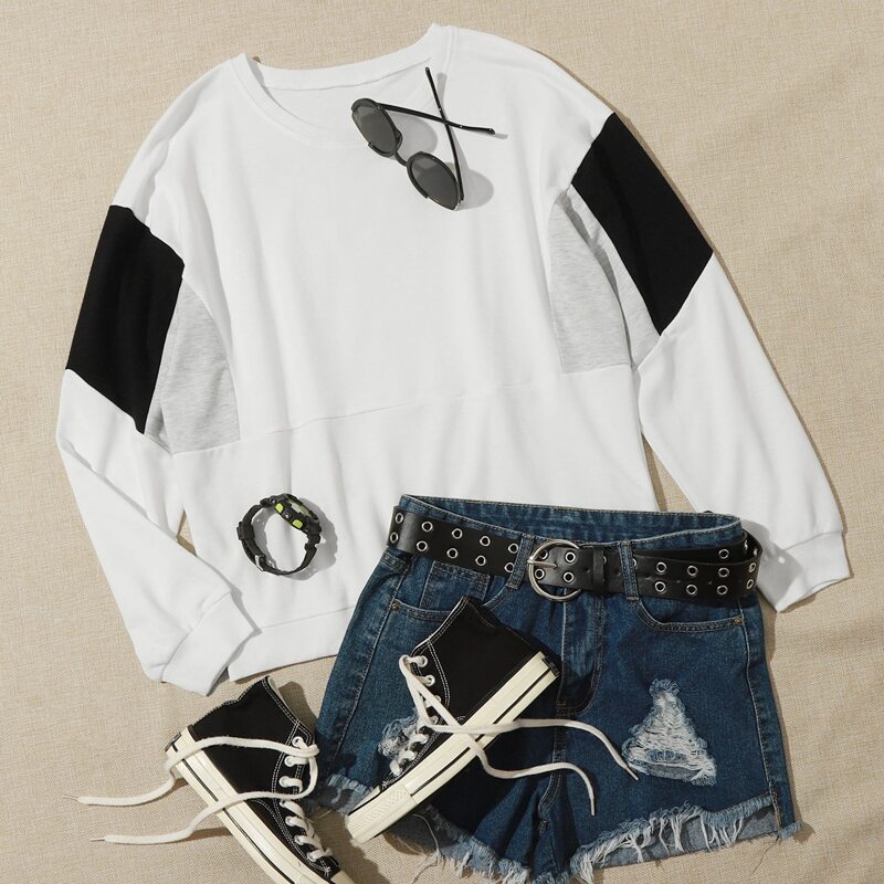 

Drop Shoulder Contrast Panel Sweatshirt, White