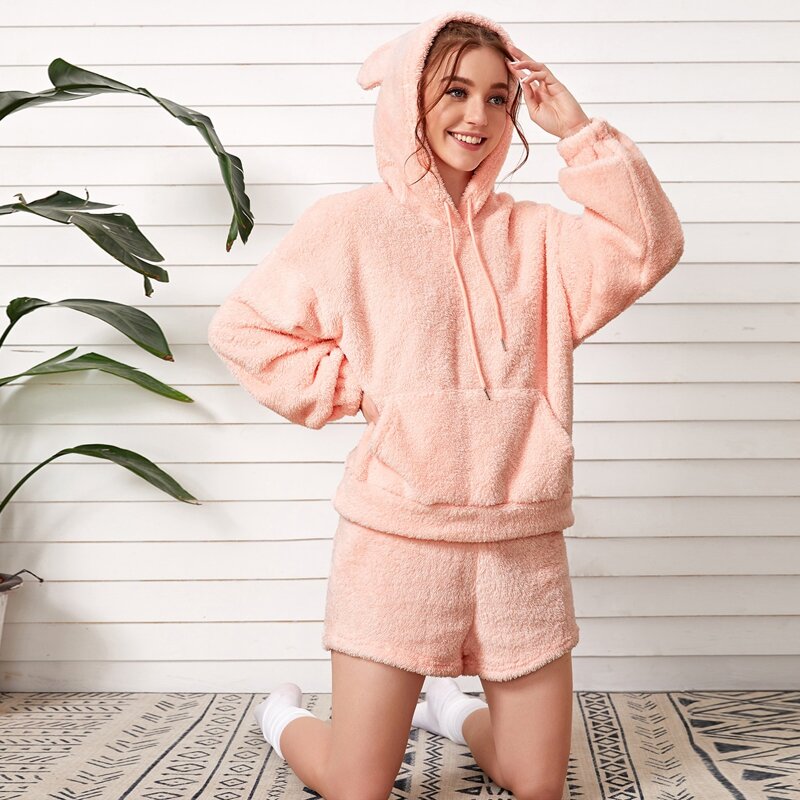 

3D Ears Design Drawstring Hooded Teddy PJ Set, Baby pink